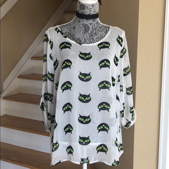 Peach Love California Tops - Sheer Black Cat Print Blouse Peach Love Cream CA